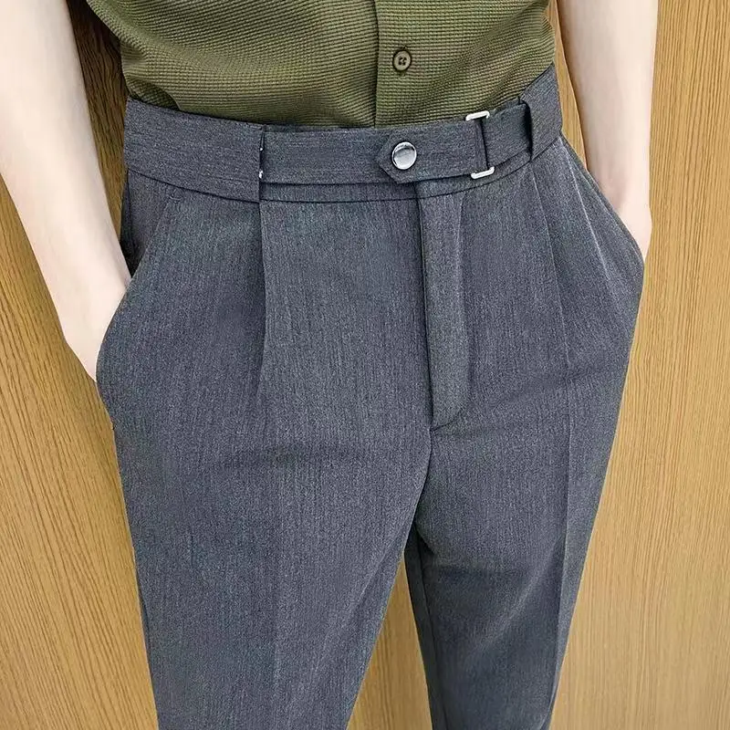 

Smart Casual New Summer Men's Suit Pants Solid Button Pockets Zipper Belt Luxury Fashion Slim Pencil Pants Ankle Length Pants