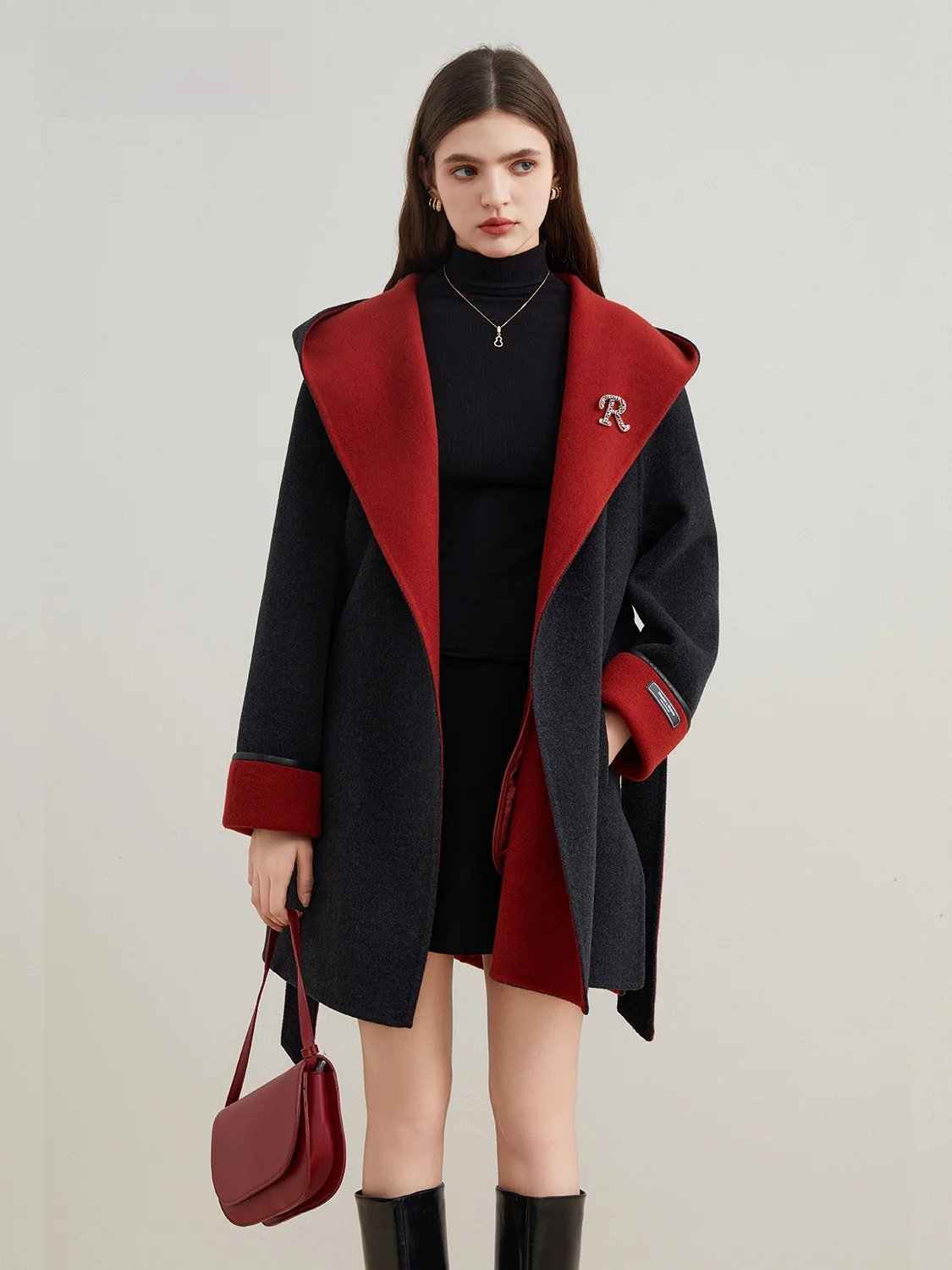 

Elegant Carbon Grey Short Double-Faced Woolen Coat Women's Hooded Vest Style Cashmere Outerwear Korean Style Loose Fit Coat