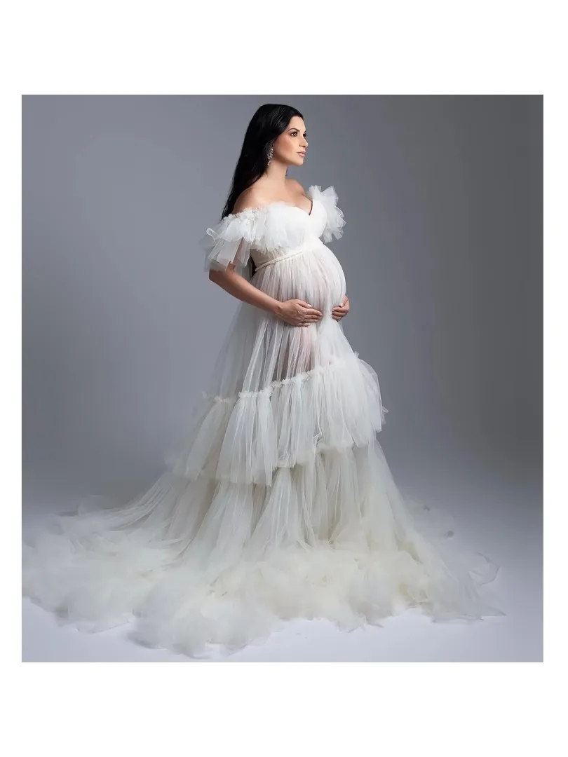 Elegant Ivory Prom Dresses Women Pleated Tulle Maternity Photoshoot Dress Pregnant Women Robe A Line Bridal Evening Gown