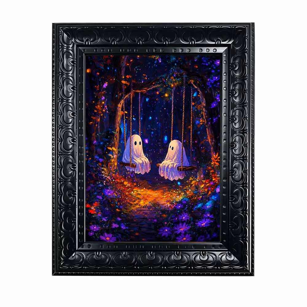 Framed Canvas Wall Art Cute Ghosts On Swings Print, Colorful Gothic Forest Painting for Halloween Spooky Bedroom Home Decor