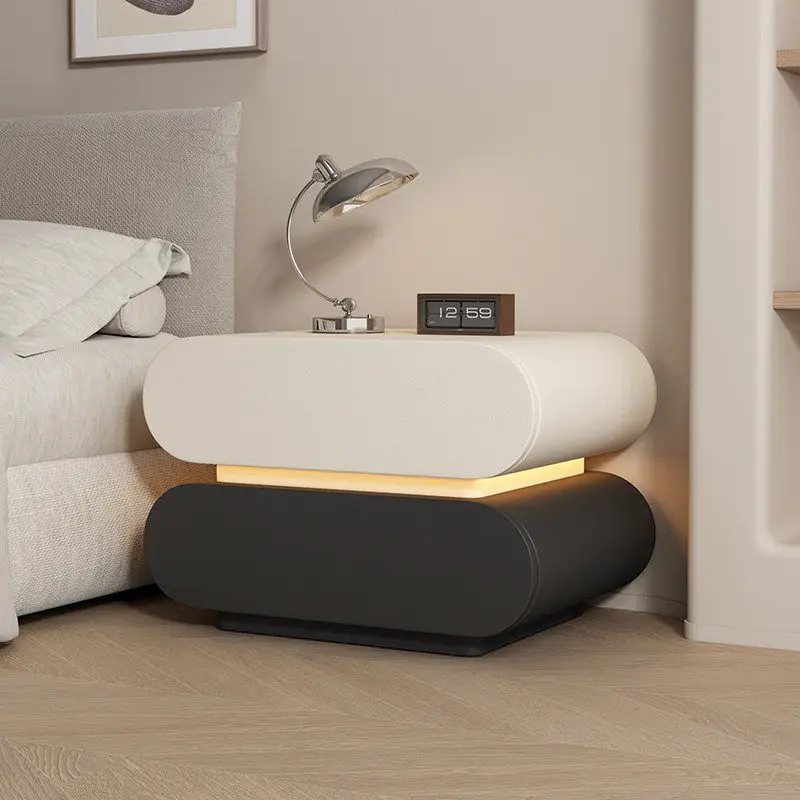 

Modern Minimalist Bedroom Bedside Table with Light, Solid Wood+super Fiber Leather Storage Cabinet, No Installation Required