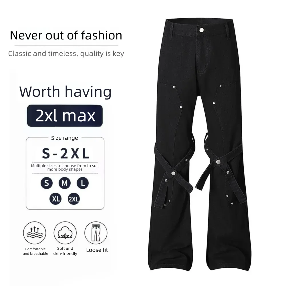 Black Micro Flared Jeans Slim Fit Small Curved Knife Y2K Fashion Ribbon Men Women Youth Daily Leisure