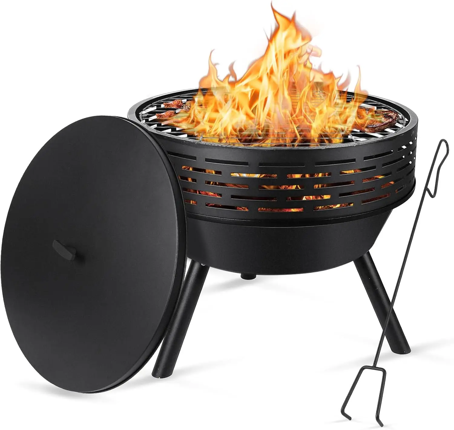 

3-in-1 Fire Pit with Grill & Lid, 23" Outdoor Fire Pit Table, Cast Iron Wood Burning Firepit, Heavy Duty Fire Bowl for Outsid