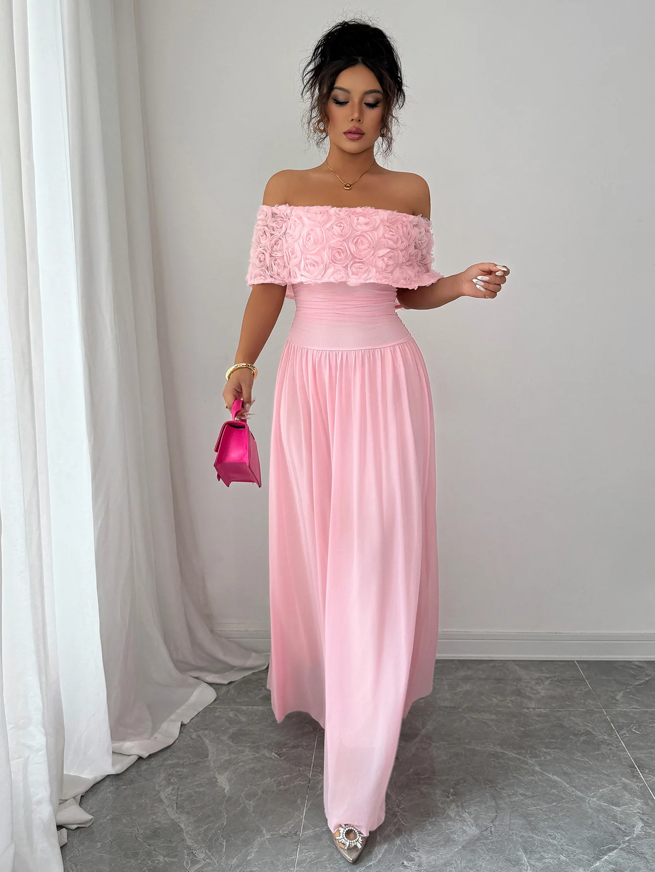 

Женское платье-бестселлер: розовое, с открытыми плечами, 3D цветочным декором, драпировкой на талии, струящееся макси-платье для вечерних мероприятий, свадеб, выпускных вечеров