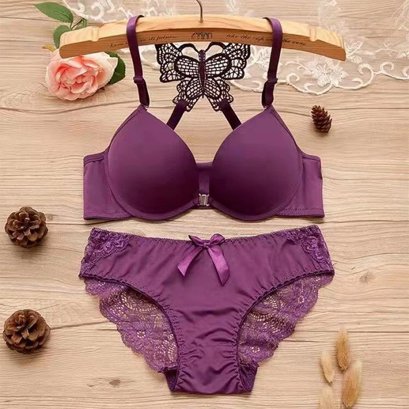 1 Piece Lace Stitching Bra Panties Front Buckle Push Up Bra Scallop Trim Panties Lingerie Set, Women\'s Lingerie Underwear