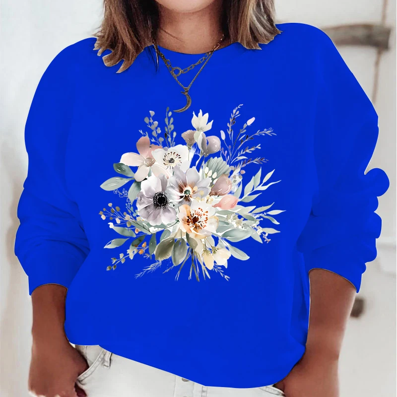 Casual Vintage Dames Sweatshirts Aquarel Bloemenprint Hoodie Losse Ronde Hals Pullover Met Lange Mouwen Boho Wilde Bloem Hoodies