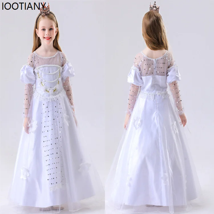 Kids White Queen Cosplay Dress Halloween Party Masquerade Princess Fancy Dress Preschool Carnival Stage Performance Dress Up New