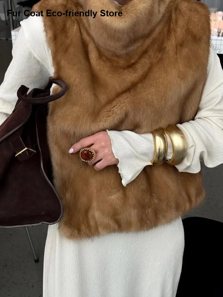 Artificial Fur Jacket Thick Womens Faux Fur Vest 2026 Winter High Street Oversized Fluffy Warm Faux Mink Fur Coat Sleeveless