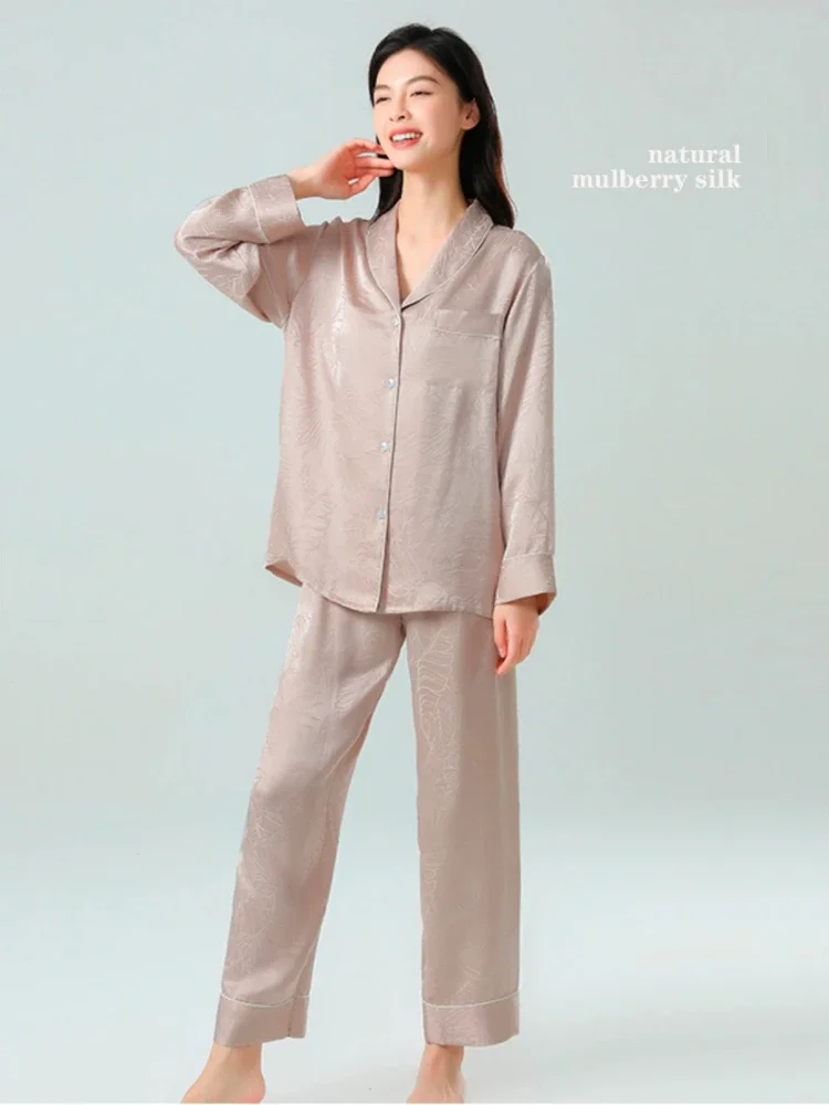 الجاكار 19 مللي متر 100% التوت الحرير طويلة الأكمام بيجامة مجموعة قطعتين ملابس نوم مريحة المرأة Homewear سترة منامة دعوى