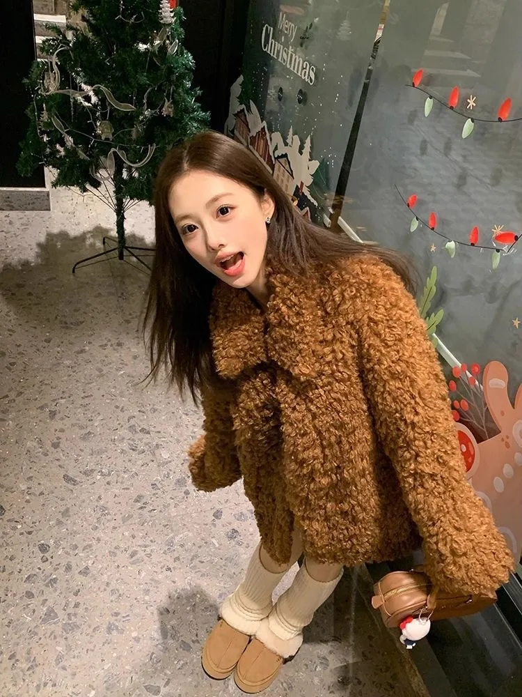 Retro ort Fur Jaet Lamb Fur Women's Faion Winter Trend Youthful Warmth Sweet Sle Straight Hemline Single Button Closure