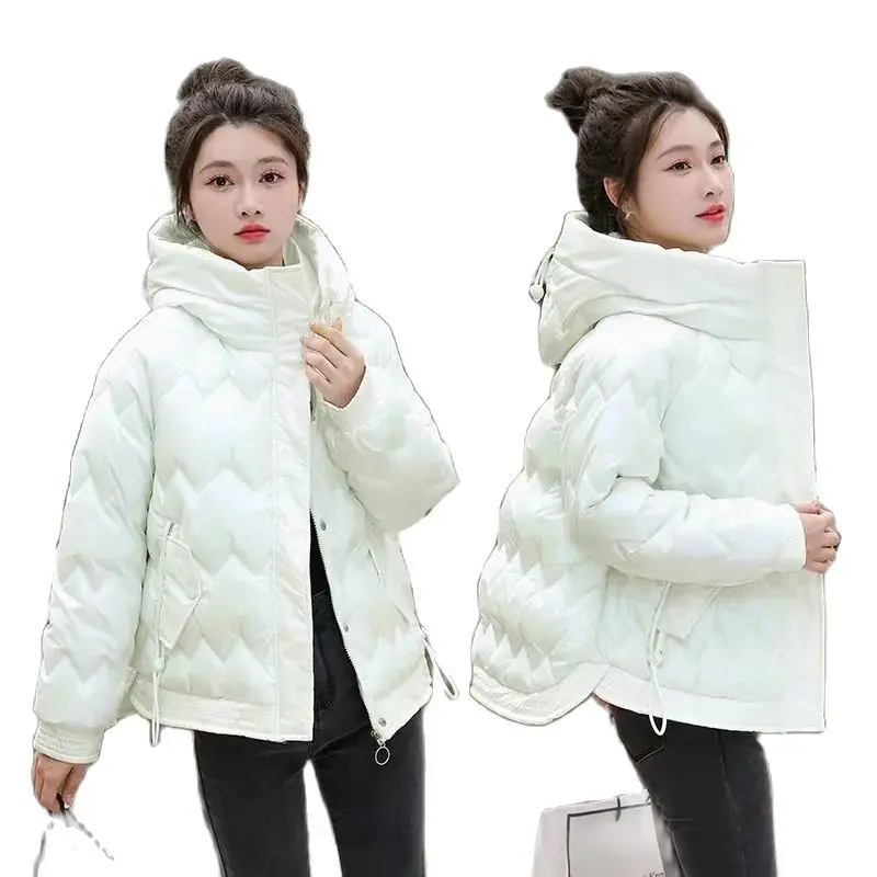 

Winter Short Cotton Coat Women 2023 New Fashion Leisure Loose Hooded Jacket Pure Colour Pocket Zipper Glossy Outerwear Female