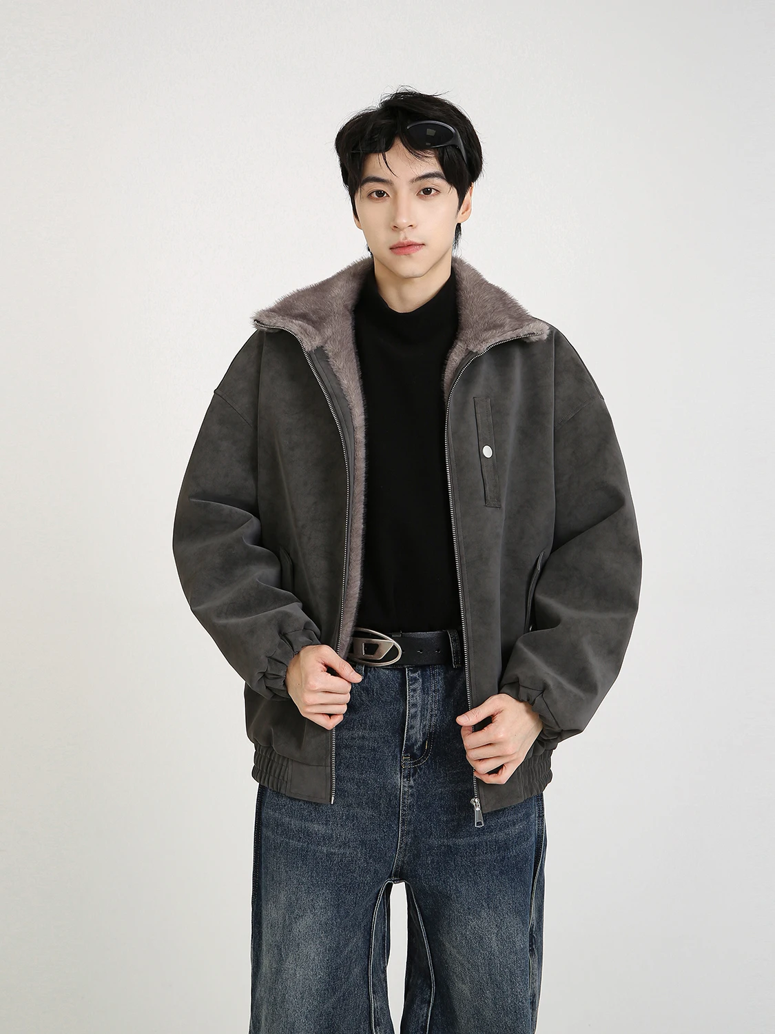 

Loose Men's PU Leather Cotton Jaet Autumn Winter Warm Thiened Zipper Closure Long Sve Youth Faion Casual Coat