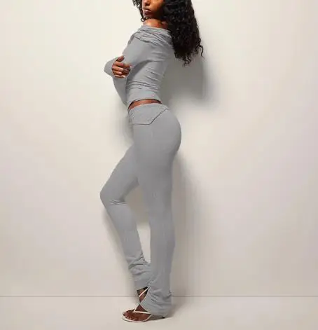 طقم بنطال نسائي للخريف والشتاء برقبة واحدة بدون أكتاف بلون سادة مطوي ومطوي بقصة ضيقة