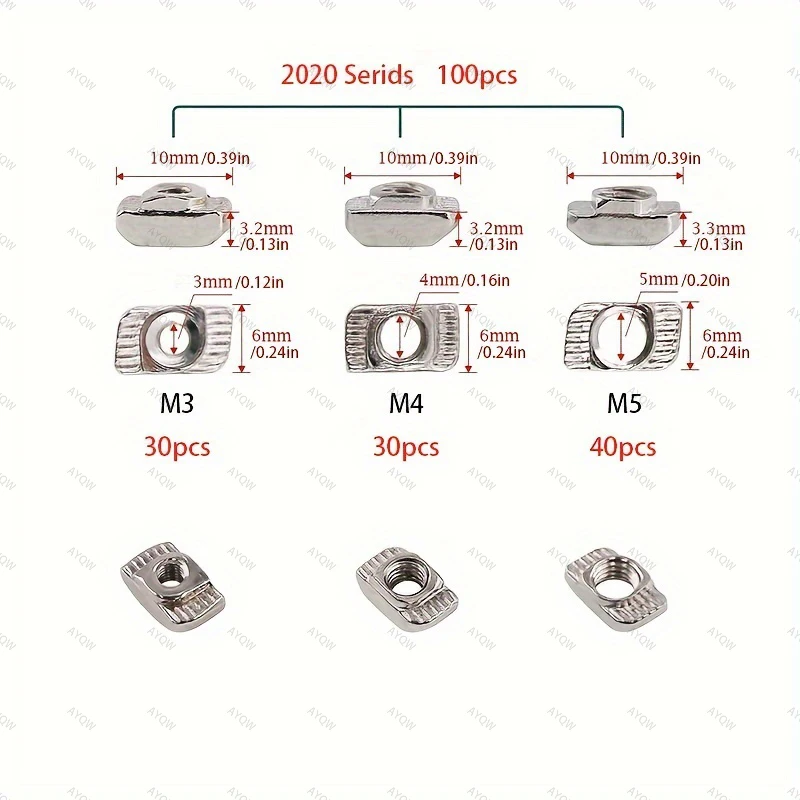 100 قطعة 2020 سلسلة الألومنيوم الصناعي T المكسرات: M3/M4/M5 T فتحة المطرقة رئيس السحابات ، مجموعة متنوعة من الكربون الصلب #3