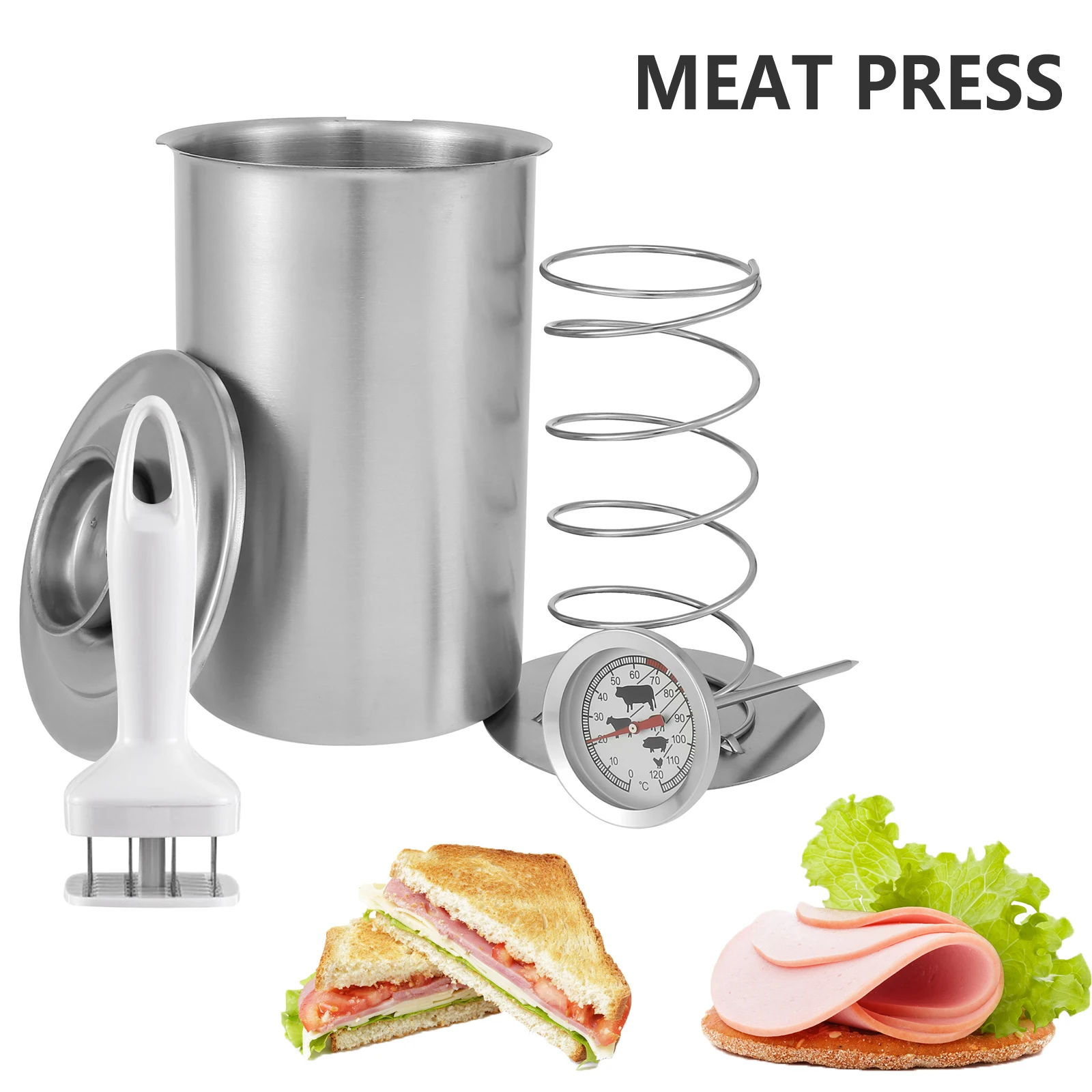 Ham Maker Stainless Steel Press Cooker with Thermometer and Meat Tenderizer Needle 1.3L Capacity Ham Press Maker