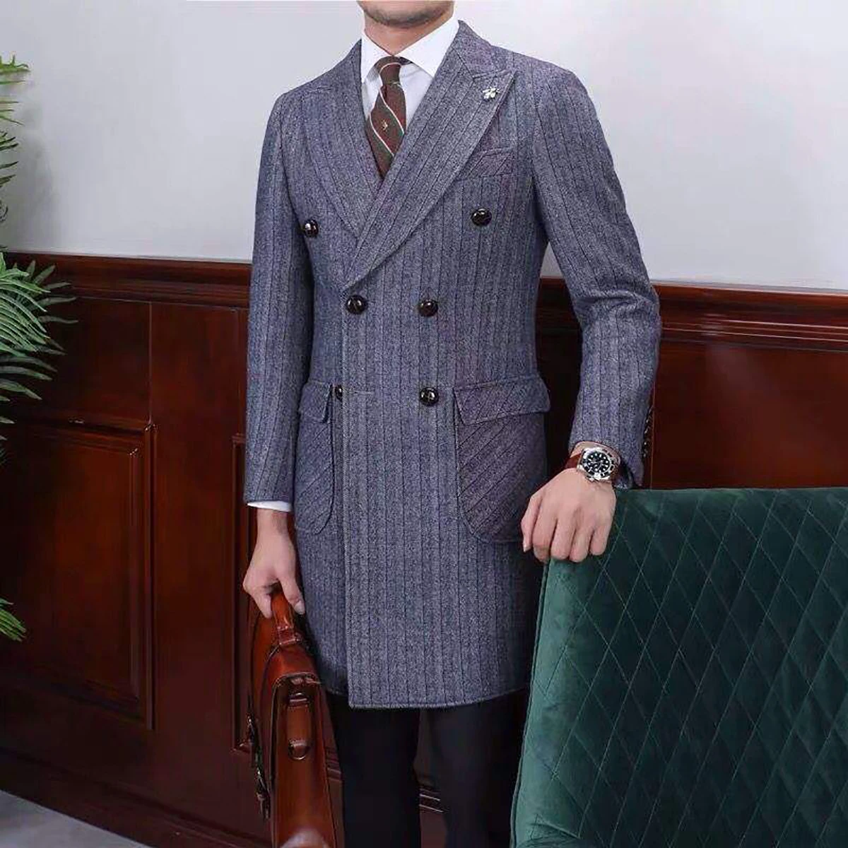 Striped Winter Woolen Overcoat For Men Formal Tweed Thick Trench Coat Double Breasted Plus Size Customized Casual Wear