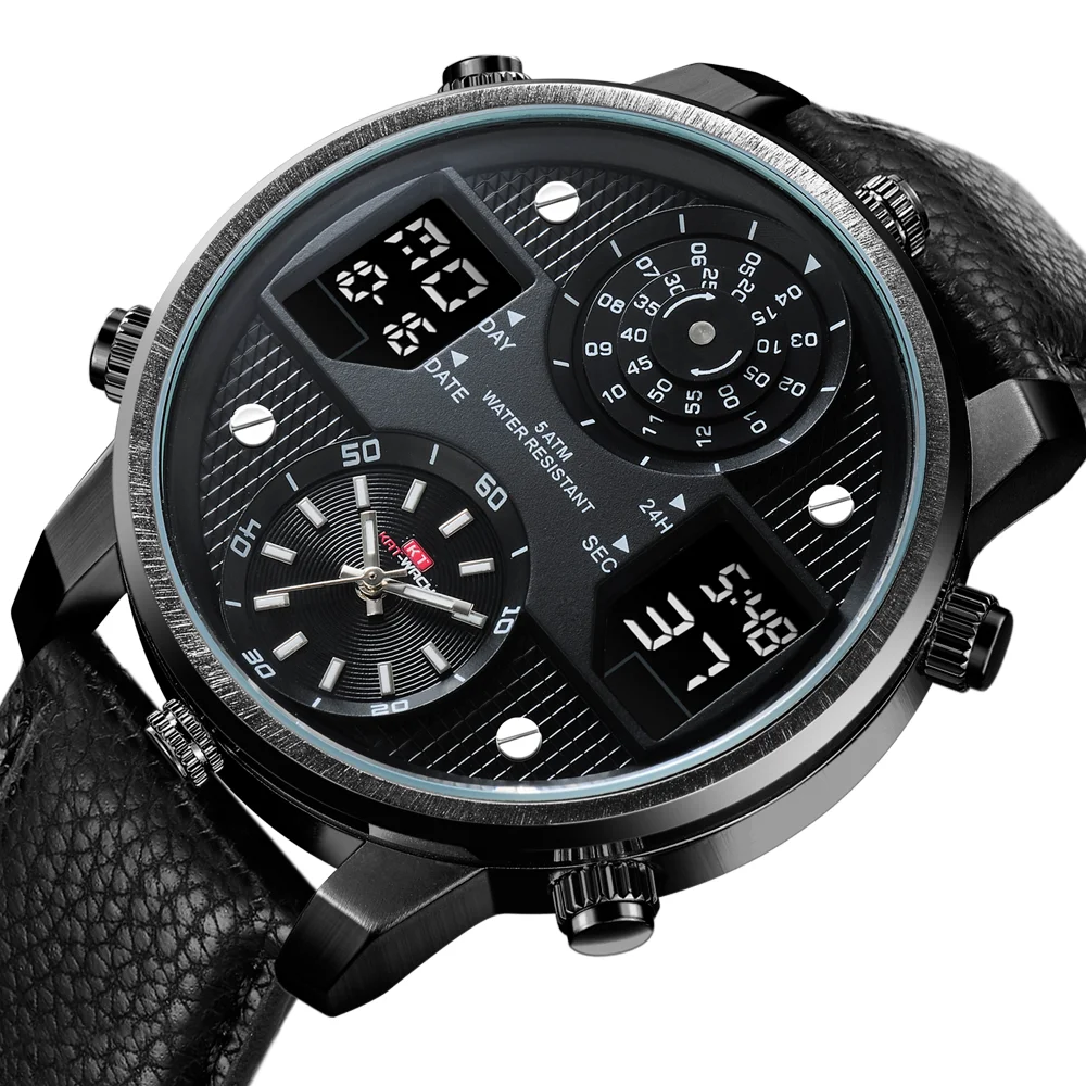Pro Chronograph Watch: Triple Engine Movement (2 Analog + 1 Digital) Day-Date Alarm 3ATM Water Resistant Genuine Leather Band Al