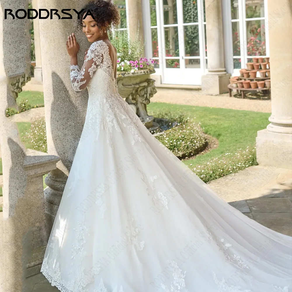 Roddrsya 2024 robe de mariée civile manches longues robe de mariée scoop robe de mariée a - word lacet Noir AppliquesRODDRSYA-Robe de Mariée Civile à Manches sulf, Dos aux, Forme Trapèze, Dentelle Appliquée, 2024