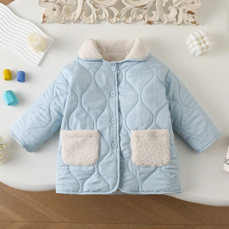 

Children's Jacket New Winter Korean Style Girls' Elegant Quilted Cotton Coat Casual Fleece Lined Mid-Length Warm Cotton Outerwea
