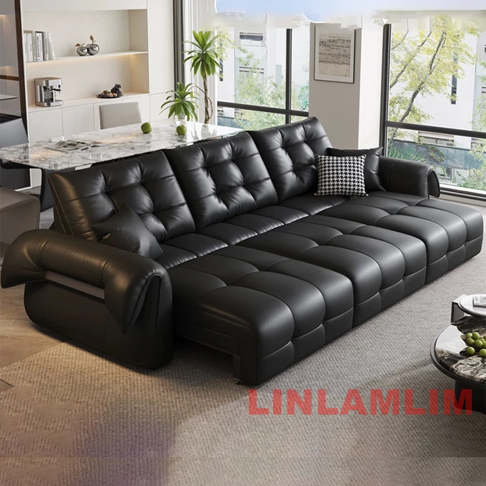 Large Genuine Leather Sectional Couch, Modern Modular Sofa Bed with Adjustable Backrest,Pull-Out Sleeper and Built-in Tray Table