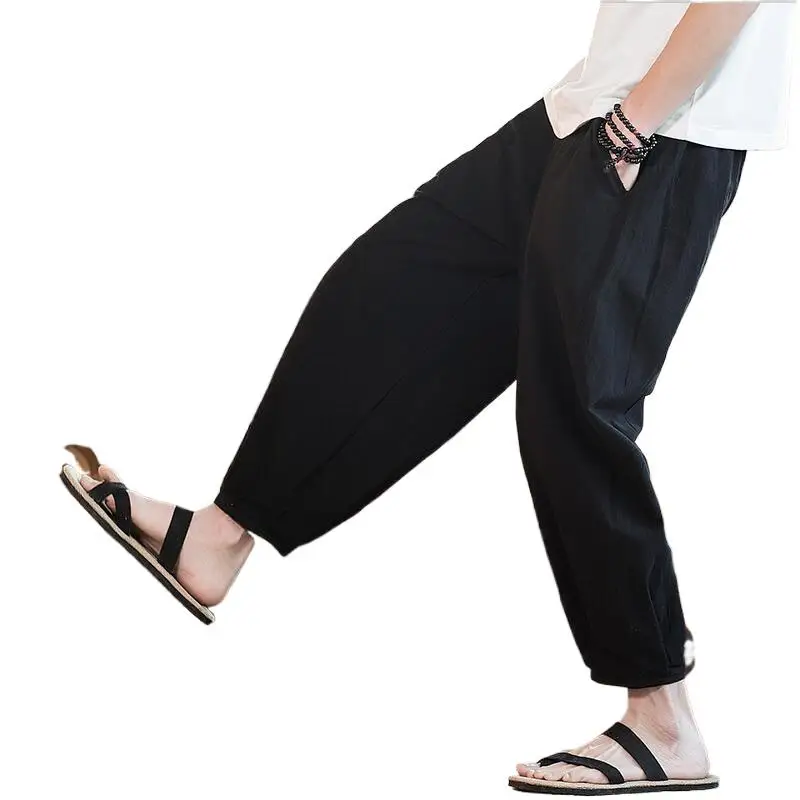 

2024 Men Summer Autumn Casual Loose Cargo Pants Men Cotton Linen Ankle Length Pants Solid Plus Size Trousers With Pocket M-7XL