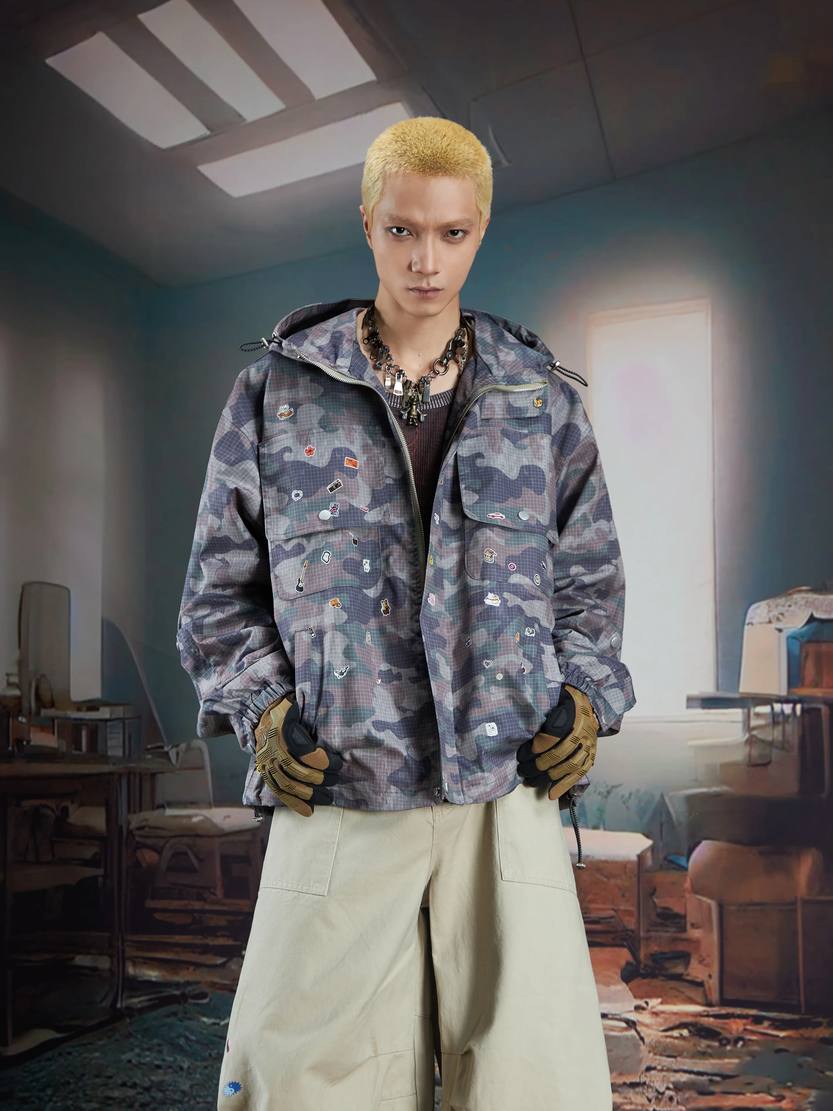 Fun Printing Paste Hooded Zipper Coat Jacket Camouflage Loose All-Match Outdoor Fashion