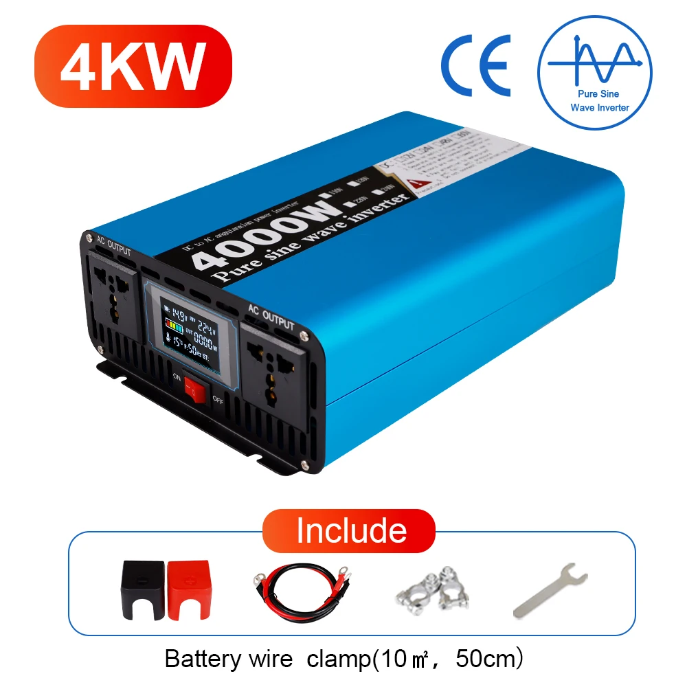 4000W Pure Sine Wave Power Inverter DC 12V to AC 220V 60Hz Solar Car Converter with LCD Display Dual AC Outlets for Home RV Camp