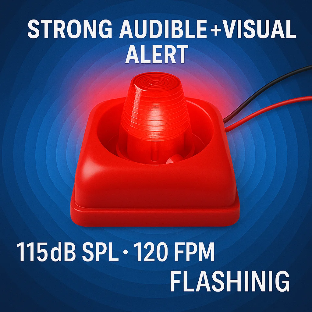 Alarme de som e flash LED 115dB · Entrada DC12/24V (7-26V) · 120FPM · Baixa potência ≤30mA · Para painéis de segurança/controle de acesso