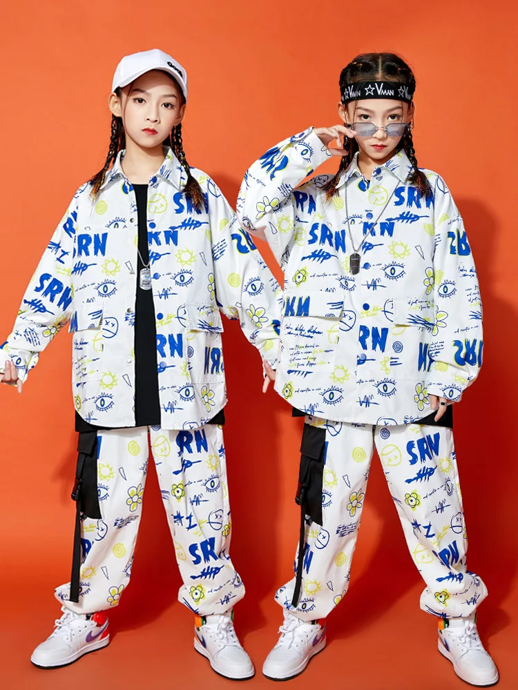 Mode Weiß Hip Hop Kostüm Für Kinder Straße Tanzen Leistung Outfit Jungen Lose Trainingsanzug Mädchen Jazz Dance Kleidung BL10035