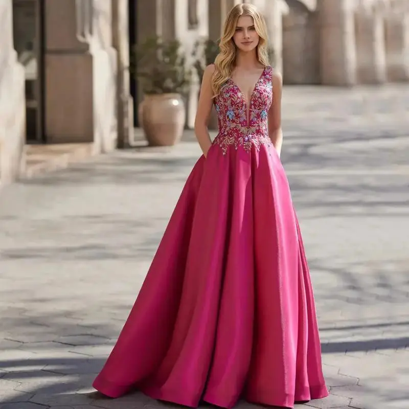 Temperament Shoulder V-neck Bareback Light Luxury Banquet Dress A Edition Small Tail Elegant Temperament Dress Customized