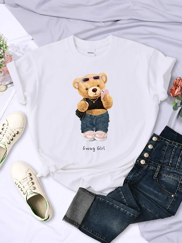 

Street Teddy Bear Selfie Swag Girl Funny Printed T-Shirts Women Personality Hip Hop Short Sleeve Summer Breathable Tee Clothing