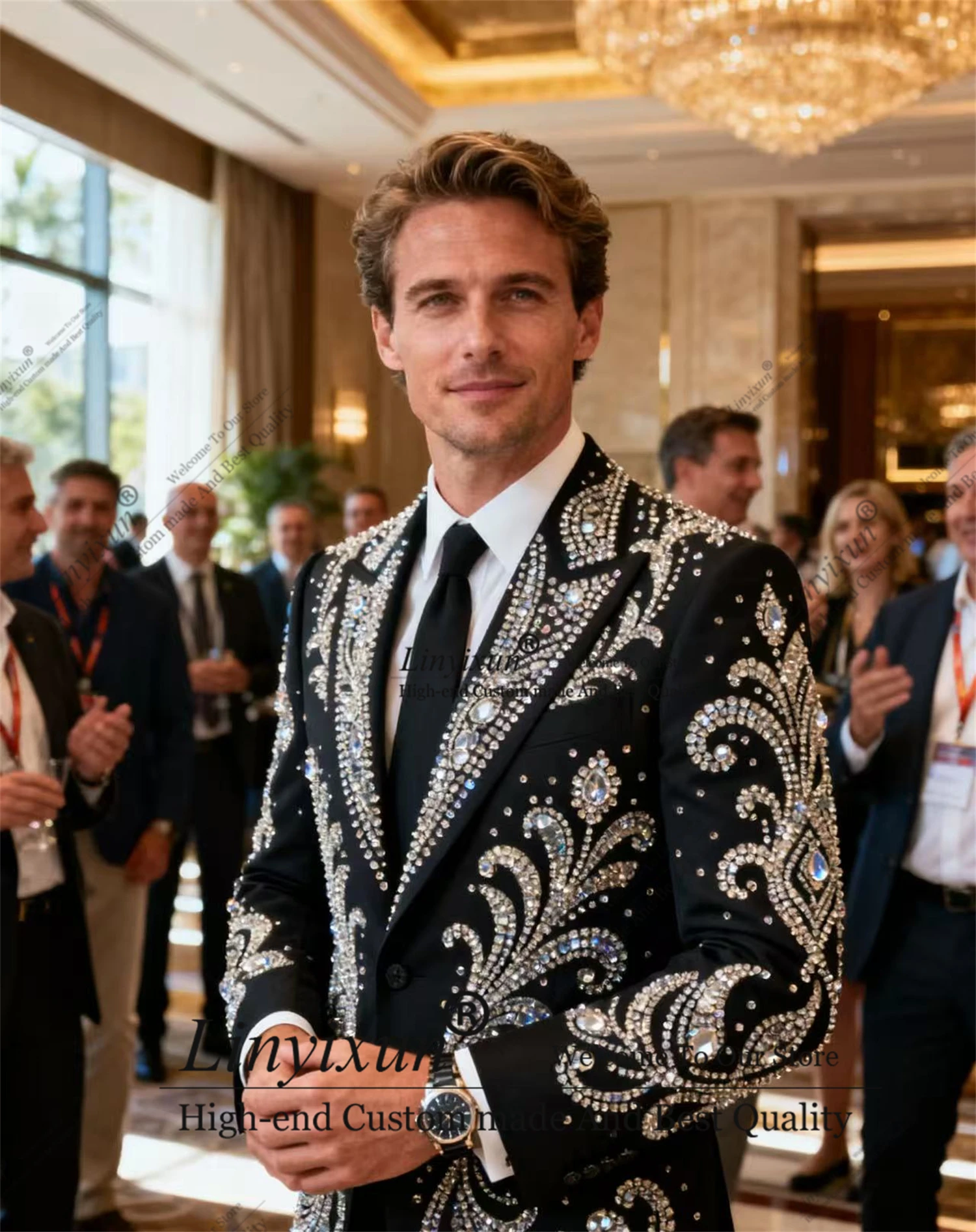 

Модный дизайн, мужские костюмы, комплект из 2 предметов, мужские пиджаки для жениха, роскошные смокинги с кристаллами и бриллиантами по индивидуальному заказу для свадебной вечеринки, облегающие смокинги Ropa hombre