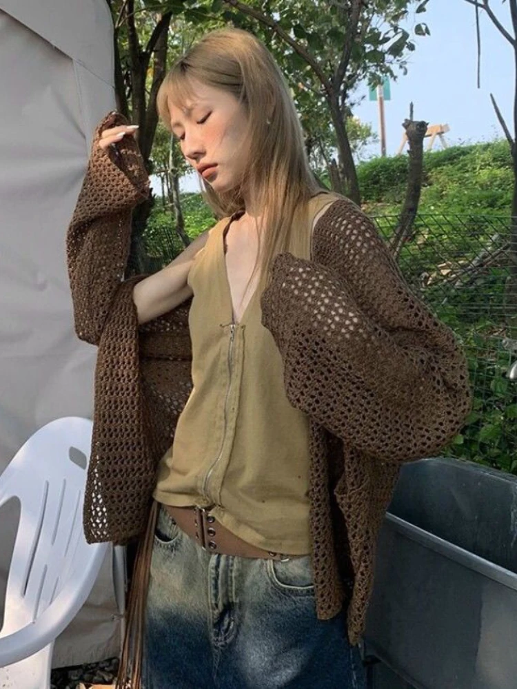 

Harajuku Knitted Cardigan Women Vintage Hollow Out Oversized Sweater Korean Fashion Loose Casual Long Sleeve Thin Tops