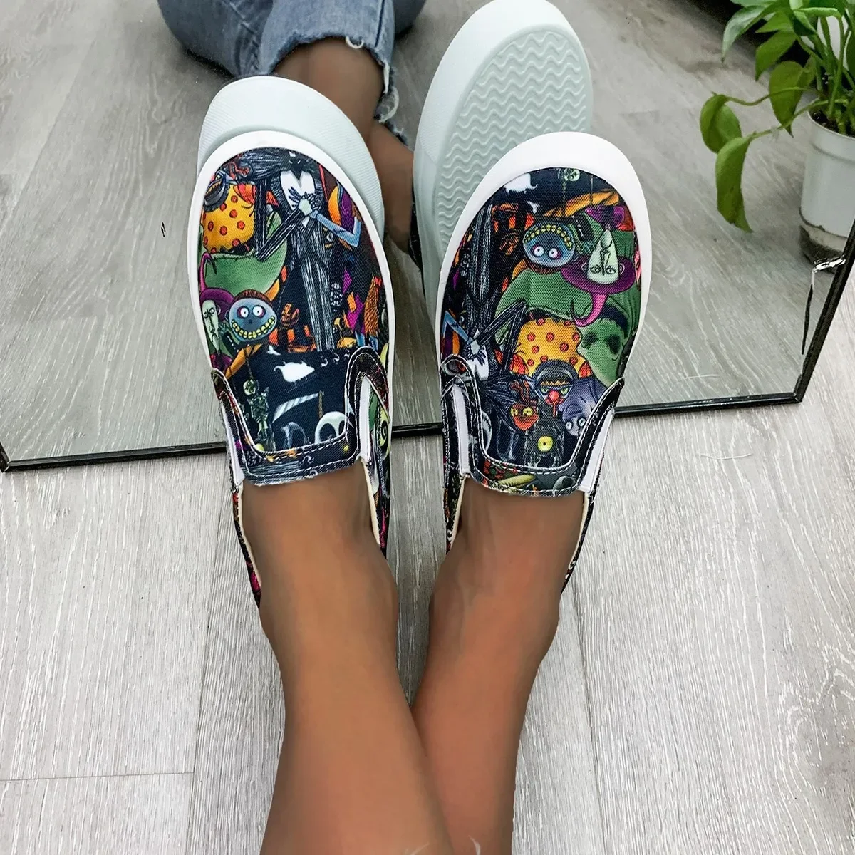 Frauen Wohnungen 2024 plus Größe Mode Graffiti flache Schuhe Frauen Low Cut Slip-On Freizeit schuhe Damen Leinwand Slipper Zapatillas Mujer