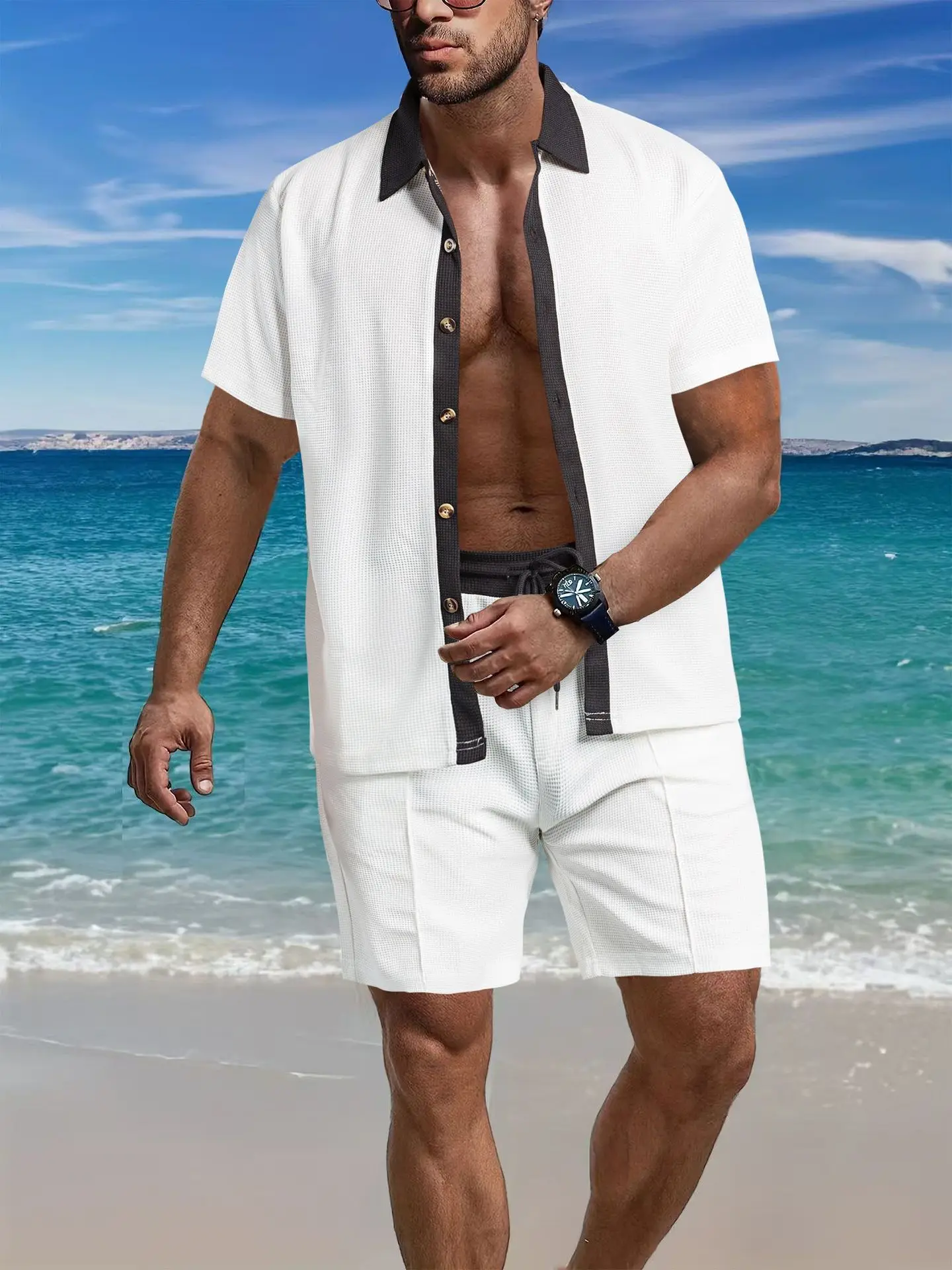 Simple Men's Clothing New Trend Splicing Lapel Casual Shirt Short Sleeve Shorts Suit Men's Summer Beach Two Piece Sportswear