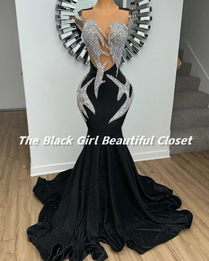 Silver Black Luxury Cocktail Dresses 2024 Rhinestone Pearl Decoration Party Dresses African Girls Sexy O Neck Fishtail Dresses