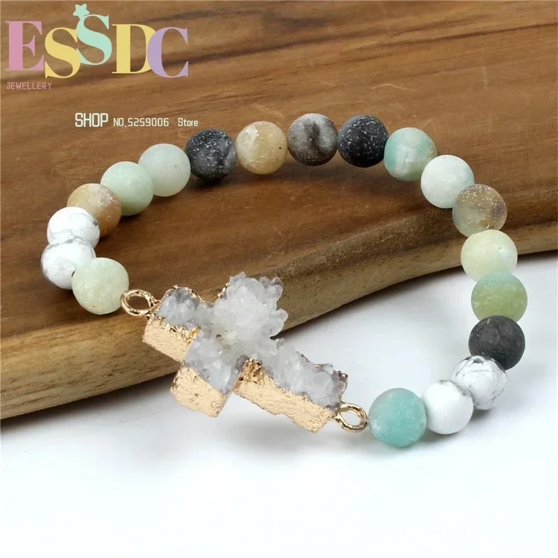 Semi-Precious Beads   8mm Amazonite  with Natural Crystal Raw Stone Cross Charm Bracelet Wholesale