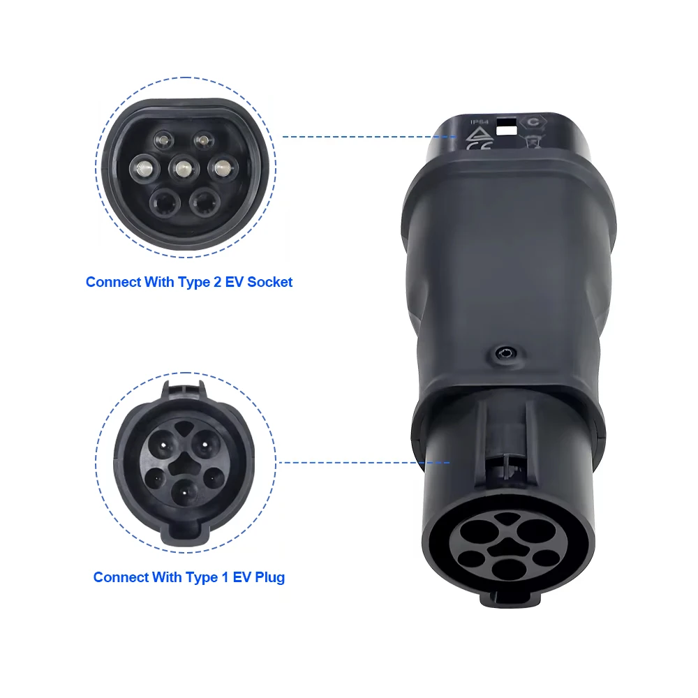 Type1 إلى Type2 EV مهايئ شاحن 32A 7.2kw EV موصل شاحن SAE J1772 المقبس نوع 1 إلى نوع 2 محول مهايئ شاحن