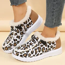 Kobiety Puszyste Futro Śniegowce Kobiety Jesień Zima Leopard Print Płaskie Obcasy Gruby Plusz Bawełna Wyściełane Buty Kobieta Ciepłe Botas