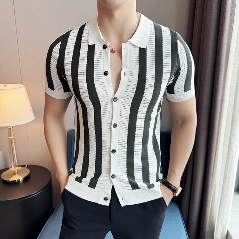 Summer Striped Knitted Shirt for Men Slim Fit Lapel Casual T-shirts Fashion Business Social Knitted Cardigan Men Clothing 2024