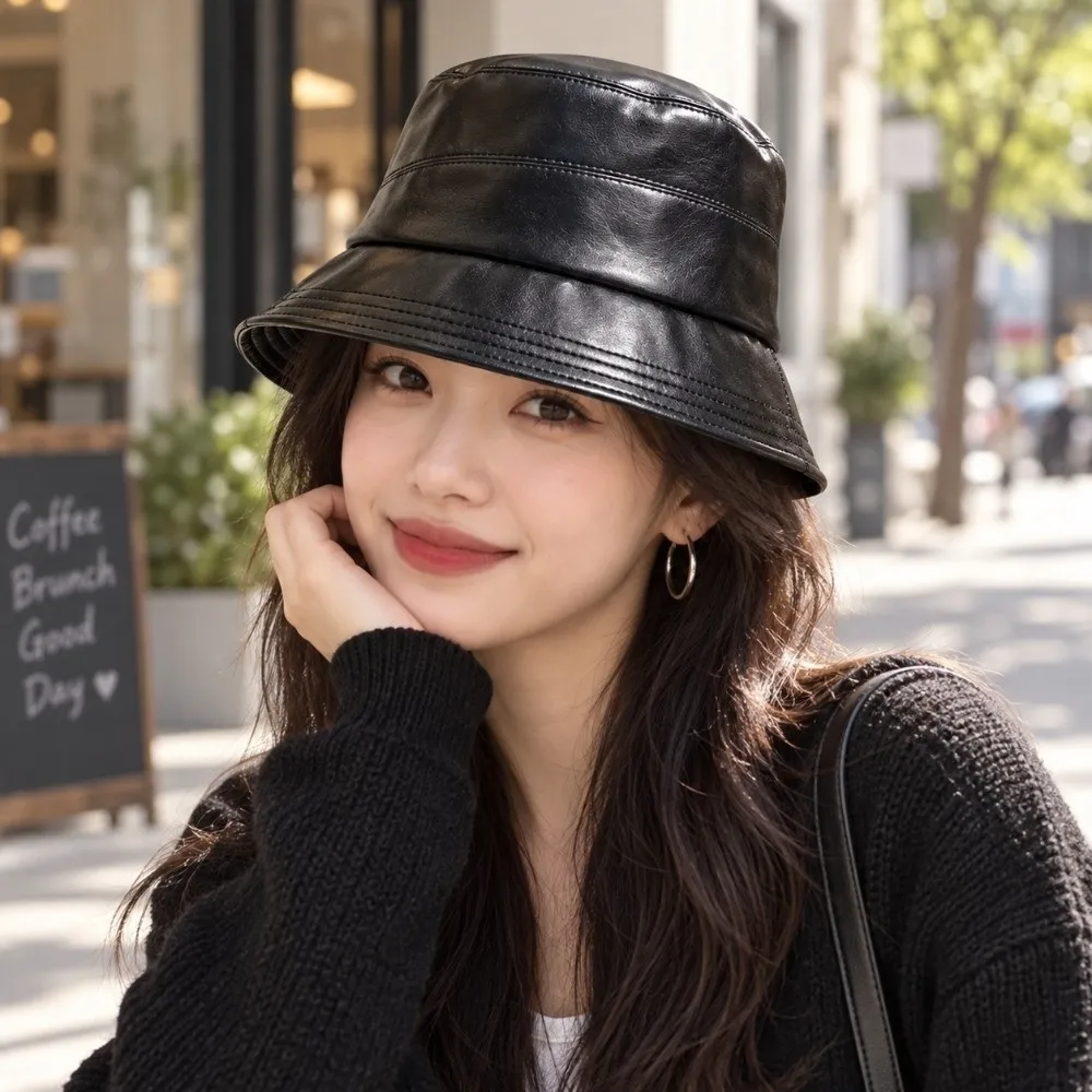 Casual Solid Color Sun Bucket Hat Packable Vintage Style Wide Brim Hat Lightweight Versatile PU Leather Hat Fall Winter