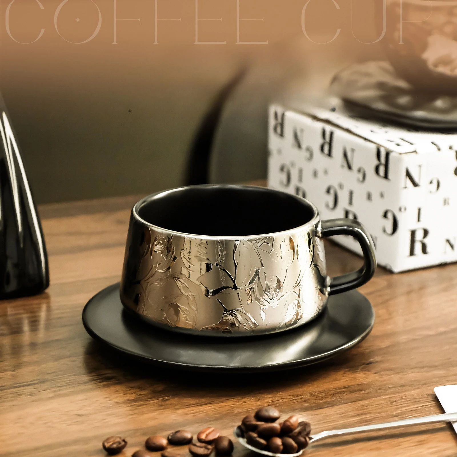 

Mirror Silver Floral Ceramic Cup Saucer Set Electroplated Porcelain Coffee Cup for Espresso Latte Tea Modern Luxury Home Decor