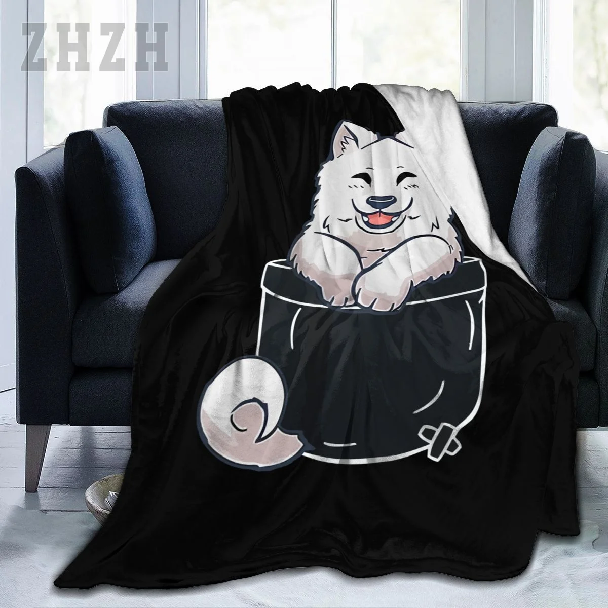 Blanket Samoyed Shirt Funny Samoyed Puppy In The Pocket Samoyed Dog Flannel Multifunction Outdoor Camping Sofa Cover Keep Warm