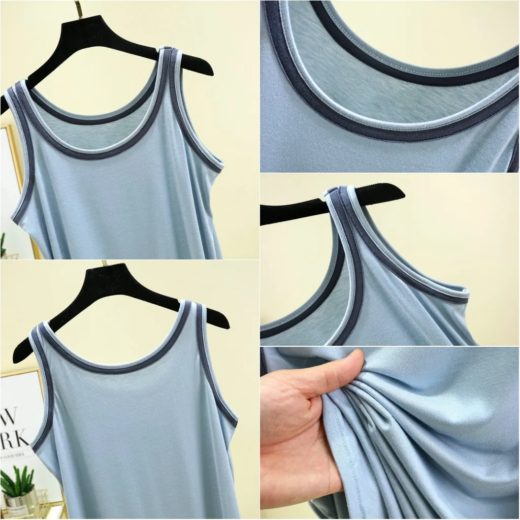 Modal Camisole summer women\'s Tank tops Contrast color all match Tshirts sleeveless O-Neck Bottoming Top