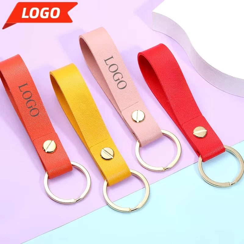 Colorful Leather Keychain Laser Engrave Company Name Custom LOGO Keyring Personalize Hotel Number Key Chain Holder Gift