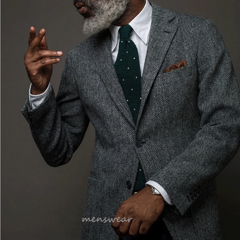 

Notched Lapel Herringbone Slim Fit Men's Suit Jacket Herringbone Patch Pocket Jacket Elegant Heavyweight Menswear