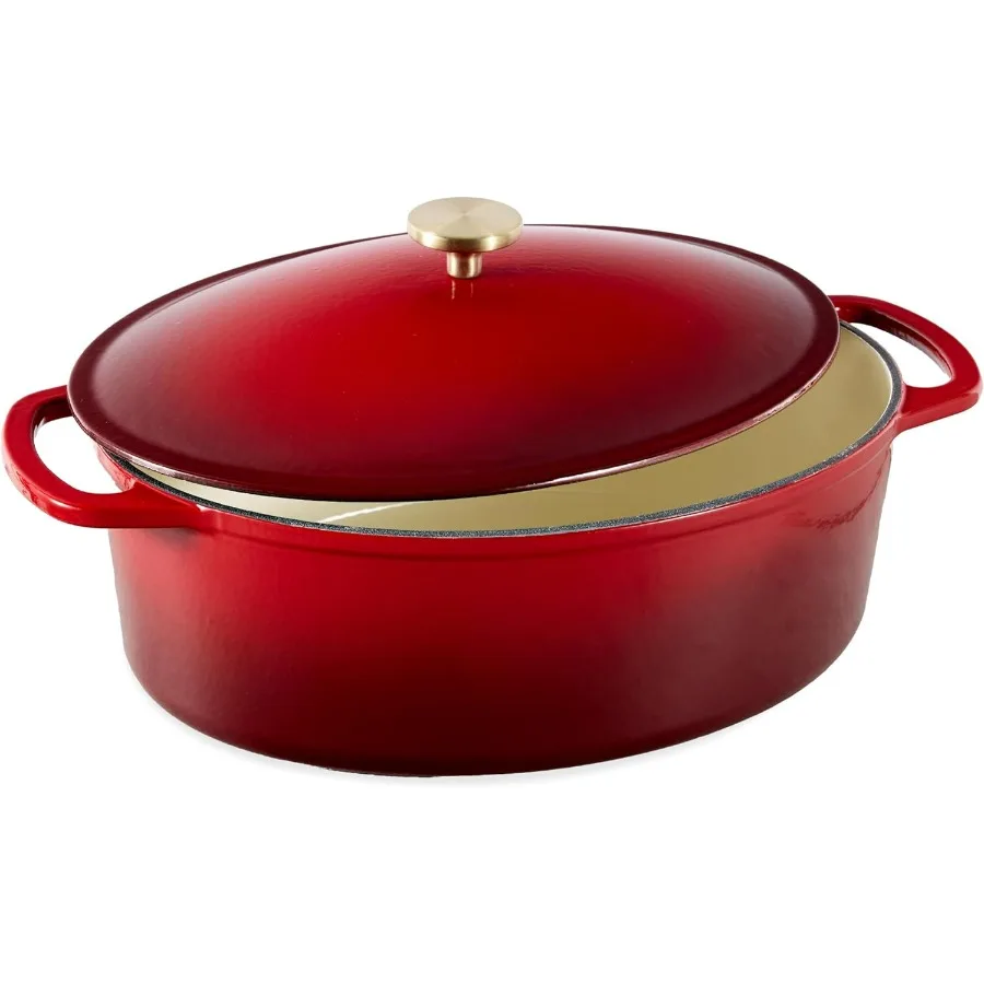 

Овальная кастировая голландская печь с эмалью емкостью 7,5 литра, сверхпрочная, предварительно приправляемая для выпечки и приготовления пищи с боковыми ручками, красная