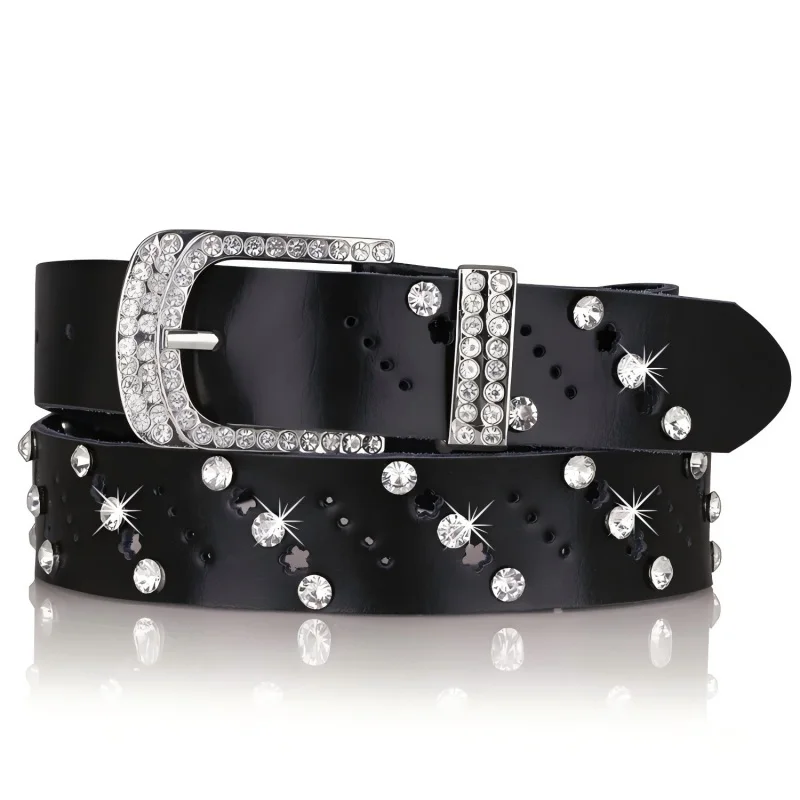 YK2 Leather Button Closure Women's Waist Belt with Fashion Leopard Print and Rhinestone Trim. Width: 3.3cm. Length: 110cm.