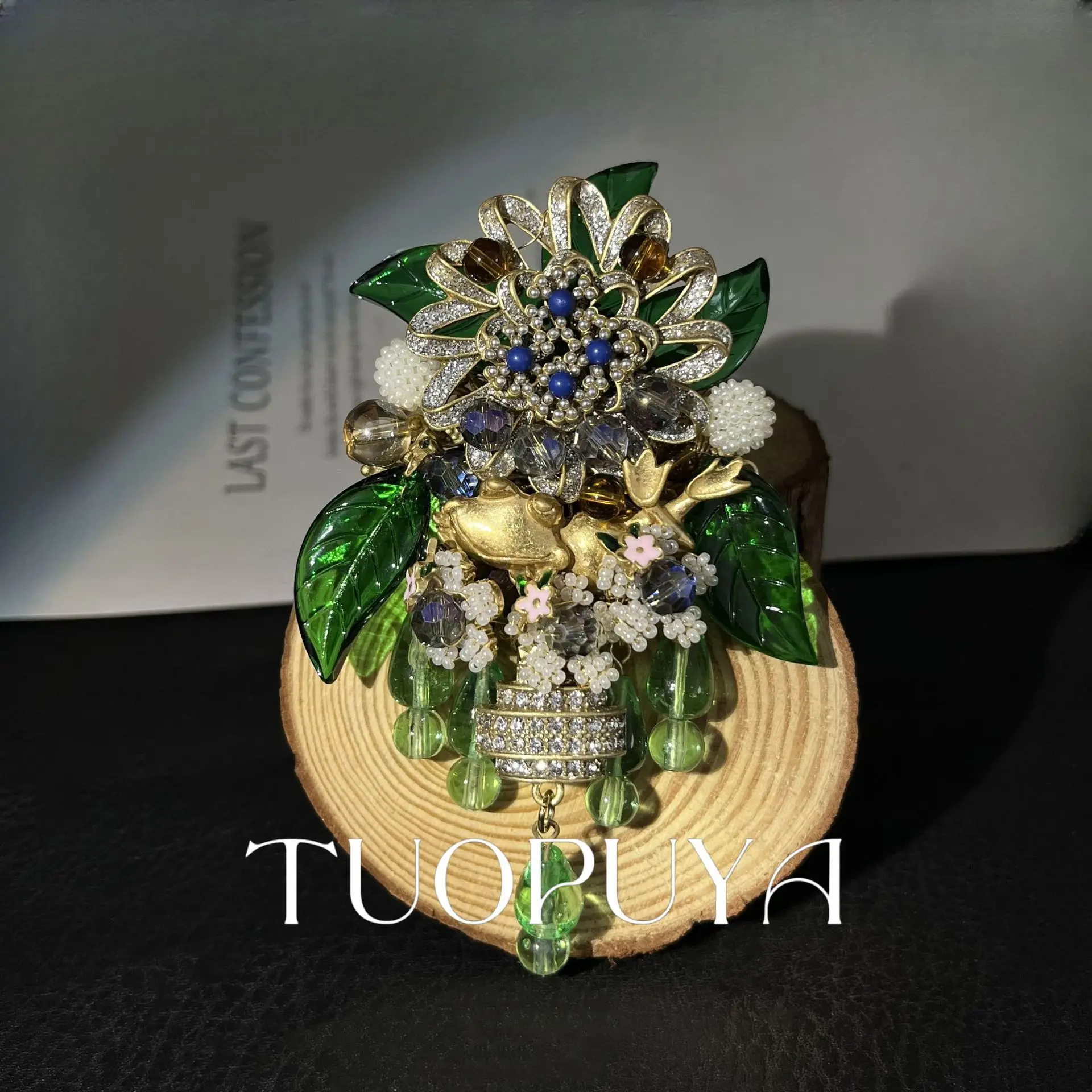 Vintage Forest Floral Green Leaf Crystal Tassel Brooch Multi Bead Fringe Wedding Party Women Statement Dress Pin