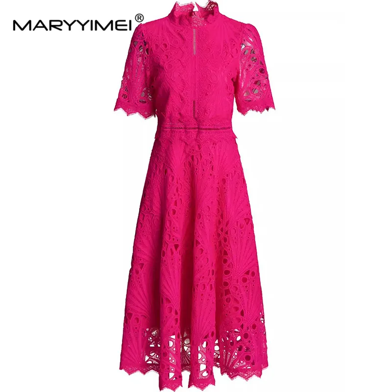 

MARYYIMEI Fashion Women's Dress Summer Stand Collar Short Sleeve Lace Hollow Out High Waiste Solid Color Dresses